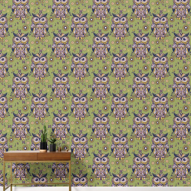Papier Peint Chouette lunaire et florale Mélange verte (Couloir)