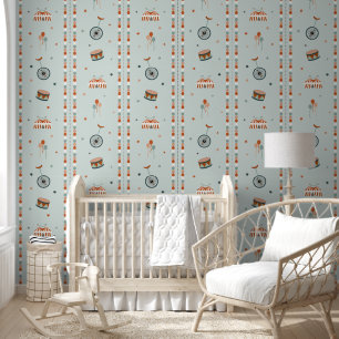 Papier Peint Cirque Bleu Céleste & Rayures pour Garçon Nursery