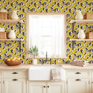 Papier Peint Citrons à l'aquarelle et feuilles grises