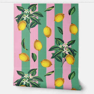 Papier Peint Citrons Méditerranéen Vintage Rayures Roses Vertes