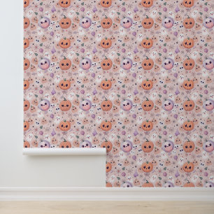 Papier Peint Citrouilles et fantômes d'Halloween sur rose sans