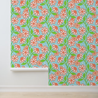 Papier Peint Clé grecque florale maximaliste corail lime et aqu