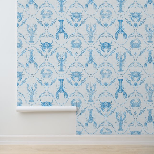 Papier Peint Coastal Preppy Lobster and Crabs in Light Blue (Application)