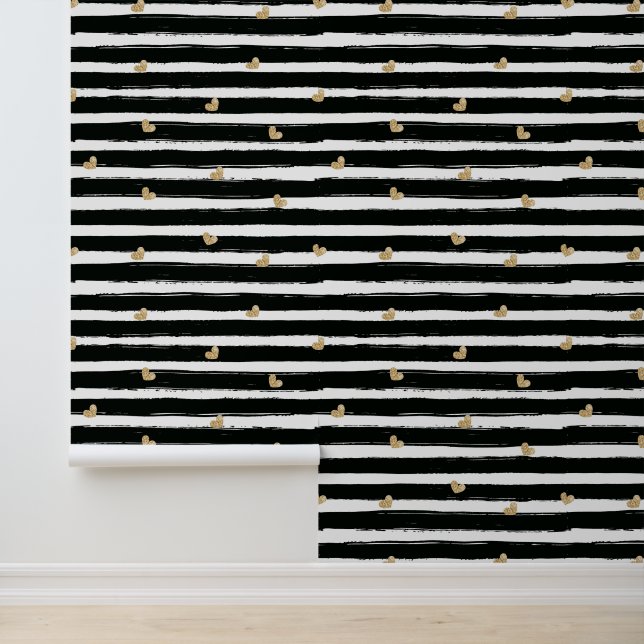 Papier Peint Coeurs Or Chic Black Lines Chambre (Application)