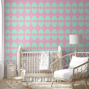 Papier Peint Coeurs personnalisés Motif Minit Vert Pastel Rose