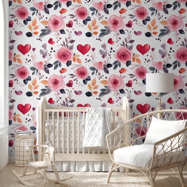 Papier Peint Coeurs roses et Rose (Enfants)