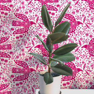 Papier Peint Colombes et fleurs Art de l'oiseau Rose magenta et