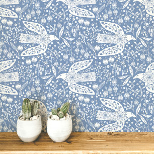 Papier Peint Colombes et fleurs blanches sur l'art de l'oiseau 