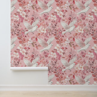 Papier Peint colombes et fleurs sur fond rose