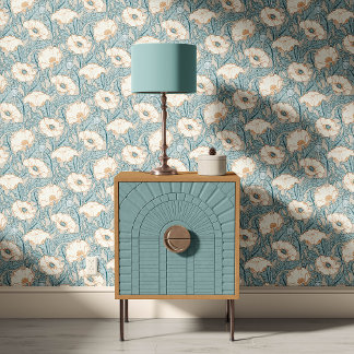 Papier Peint Coquelicot vintage en crème bleu beige rouille 