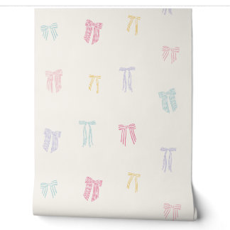 Papier Peint Coquette rayée Bows menthe jaune rose crème lilas