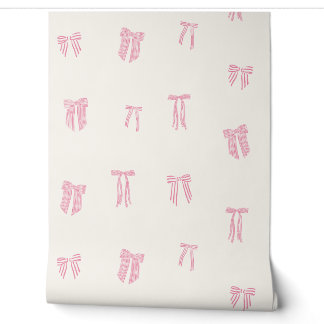 Papier Peint Coquette rayée Bows rose sur crème