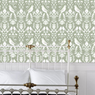 Papier Peint Cottagecore Papercut Oiseaux sur vert olive clair