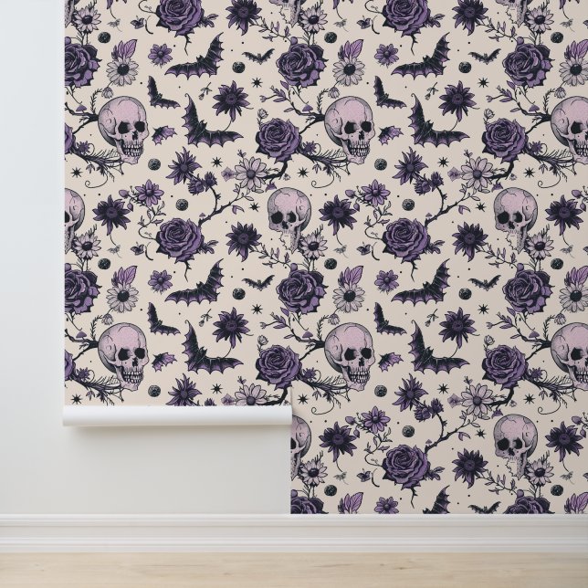 Papier Peint Crâne gothique Chauve à tête florale (Application)