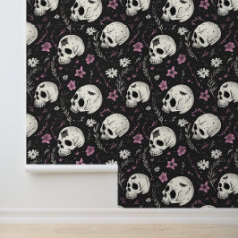 Papier Peint Crâne noir pourpre foncé Fleurs roses gothiques