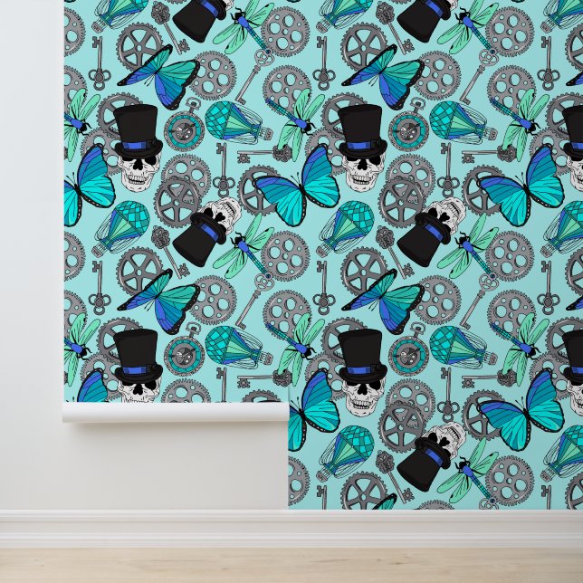 Papier Peint Crânes et engrenages Steampunk Motif Bleu (Application)
