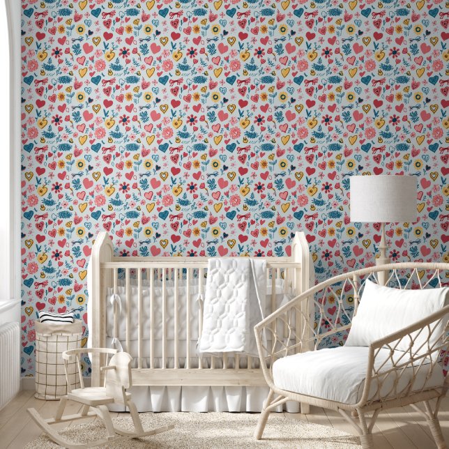 Papier Peint Crayon Coeurs et fleurs (Enfants)