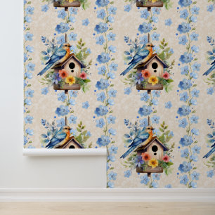 Papier Peint Crème à texture bleue rayée d'oiseaux floraux