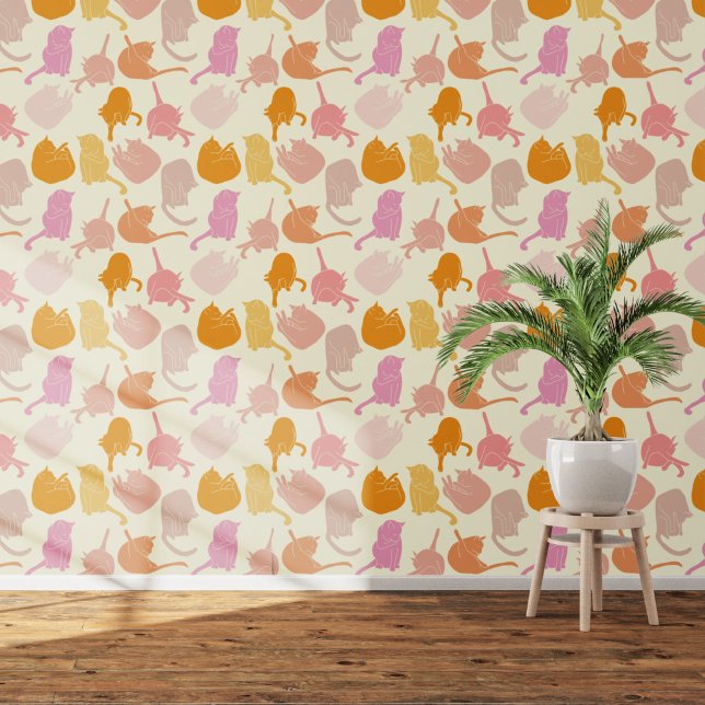 Papier Peint Crème rose Motif Chat orange (Sleeping cats warm tones  art wallpaper)