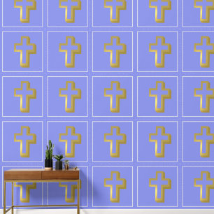 Papier Peint Croix d'or Lit Motif chrétien, Bleu lavande