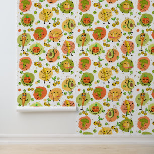 Papier Peint Cuisine mélangée légumes et motif carrelé de fruit
