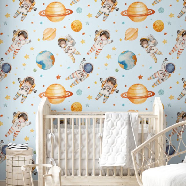 Papier Peint Cute Aquarelle Explorer Astronaut Nurserroom (Cute Watercolor Explorer Astronaut Nursery Room Wallpaper)