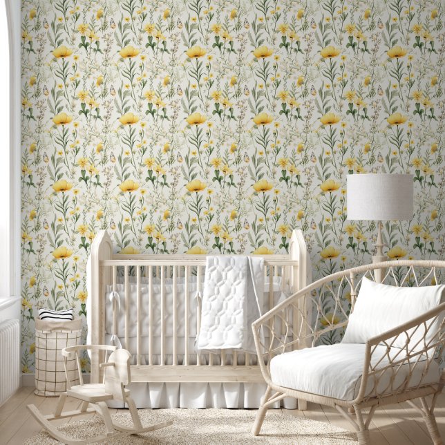 Papier Peint Cute Aquarelle Jaune Vert Fleur sauvage Floral (Enfants)