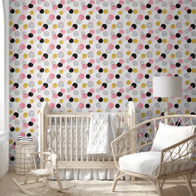 Papier Peint Cute Aquarelle rose Noir Or Pois Nursery (Enfants)