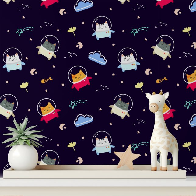 Papier Peint Cute Astronaut Space Cat Modern Kids Motif (Créateur téléchargé)
