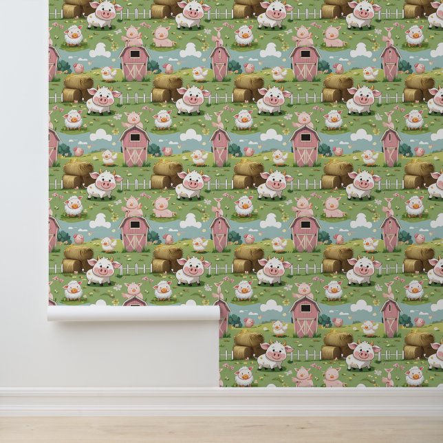Papier Peint Cute Barnyard Friends Peel and Stick (Application)
