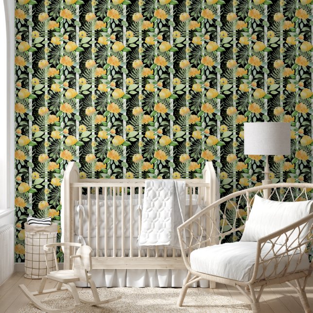 Papier Peint Cute Black Blanc Floral Stripes Motif (Enfants)