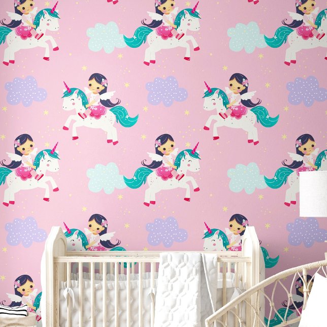 Papier Peint Cute Cartoon Flying Unicorn Rose Nurserroom (Cute Cartoon Flying Unicorn Pink Nursery Room Wallpaper)