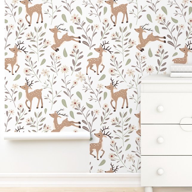 Papier Peint Cute Deer Woodland Neutral Nursery Kids Room Blanc (Cute Deer Woodland Neutral Nursery Kids Room White Wallpaper)