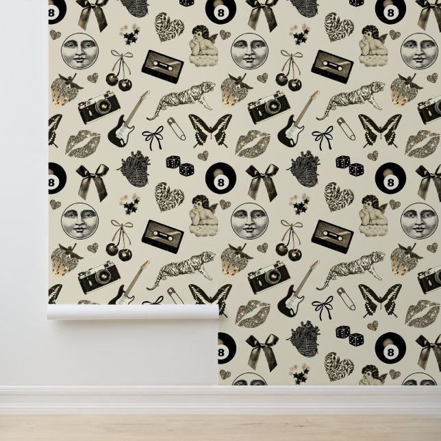 Papier Peint Cute Girl Retro Noir Beige Motif esthétique (Application)