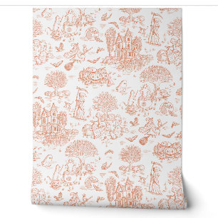 Papier Peint Cute Halloween Chats Toile de Jouy - Orange & Blan