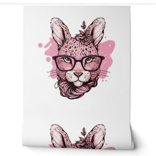 Papier Peint Cute Lapin Visage Rose lunettes Léopard Floral Pâq