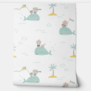 Papier Peint Cute Little Bears voyageant sur le dos blanc de ba