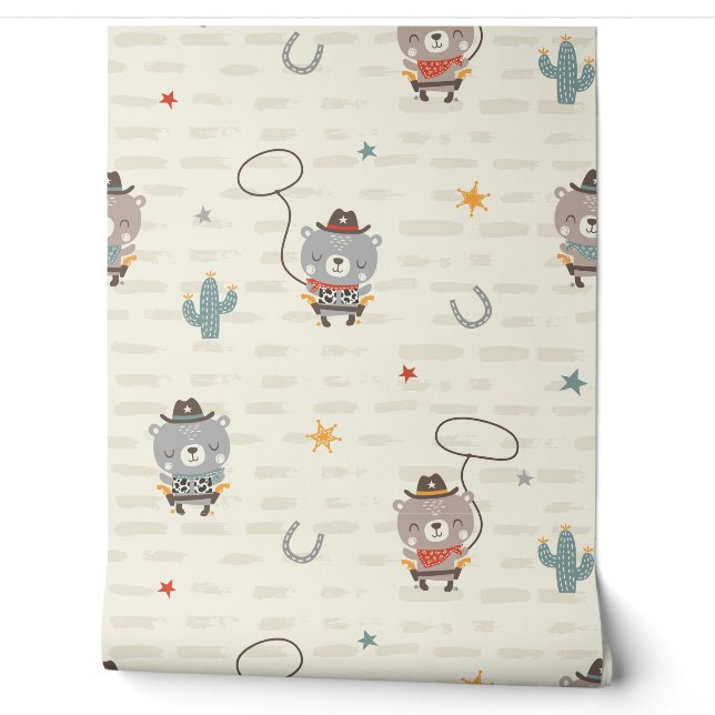 Papier Peint Cute Little Cowboy Sheriff Ours crème (Déroulement)