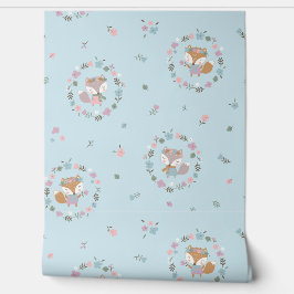 Papier Peint Cute Little Fall Fox avec fleurs bleu clair