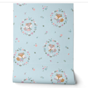 Papier Peint Cute Little Fall Fox avec fleurs bleu clair