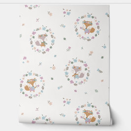 Papier Peint Cute Little Fall Fox avec fleurs crème