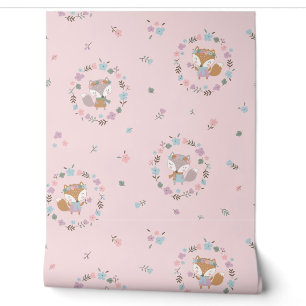 Papier Peint Cute Little Fall Fox avec fleurs roses