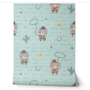 Papier Peint Cute Petit Cowboy Sheriff Bear sur bleu