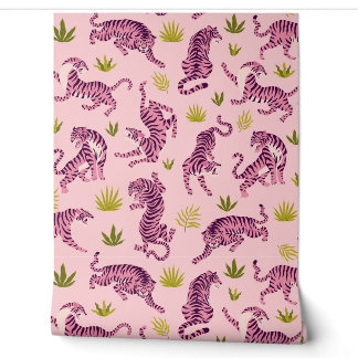 Papier Peint Cute Pink Tigers Tropical Leaves Abstract Animal