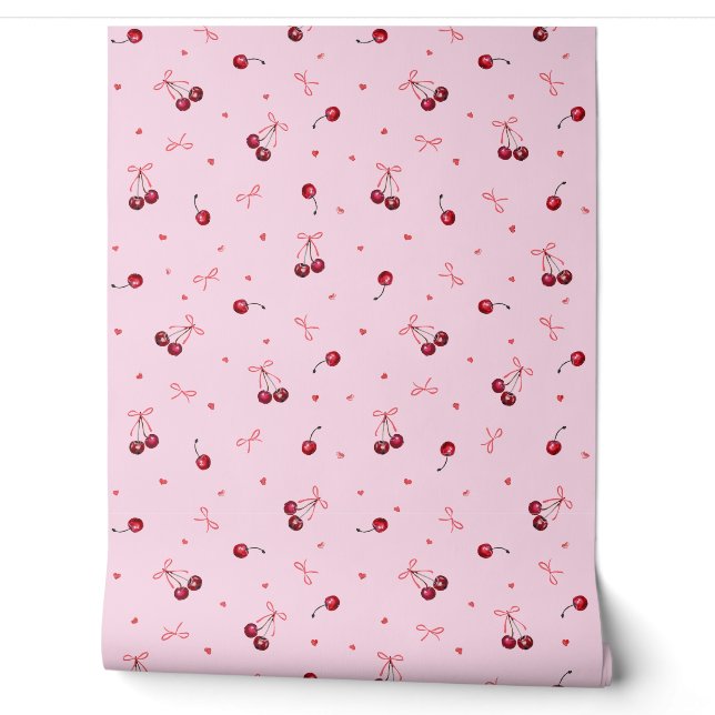 Papier Peint Cute Red Bows Cerises Coeurs sur rose (Déroulement)