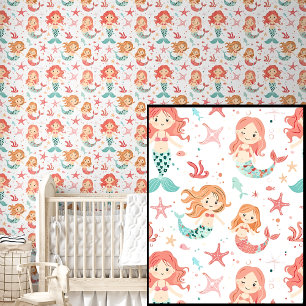 Papier Peint Cute Rose & Aqua Baby Mermaids & Stars