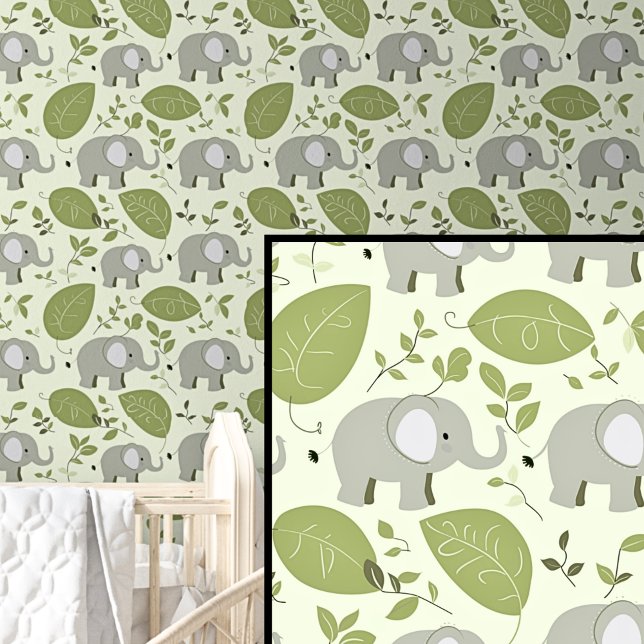 Papier Peint Cute Safari Animaux Grey Elephants Leaf on Green (Créateur téléchargé)