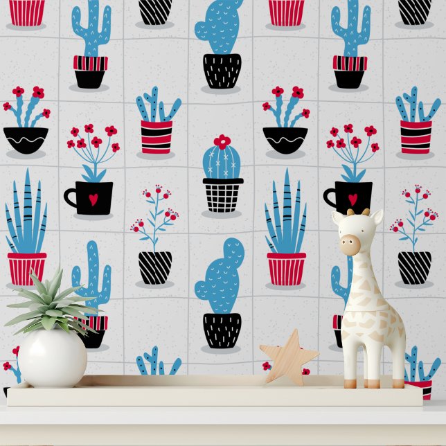Papier Peint Cute tendance Moderne Cactus Motif Fleur Rouge Ble (Créateur téléchargé)
