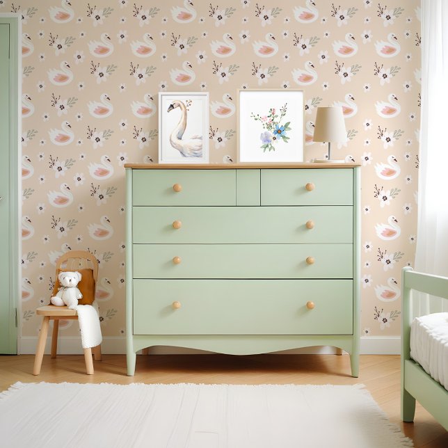 Papier Peint Cute White Swans Floral Blossom Nourrier Motif (Cute White Swans Floral Blossom Nursary Pattern Wallpaper)