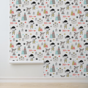 Papier Peint Cute Woodland Animaux et Motif de garçon indien